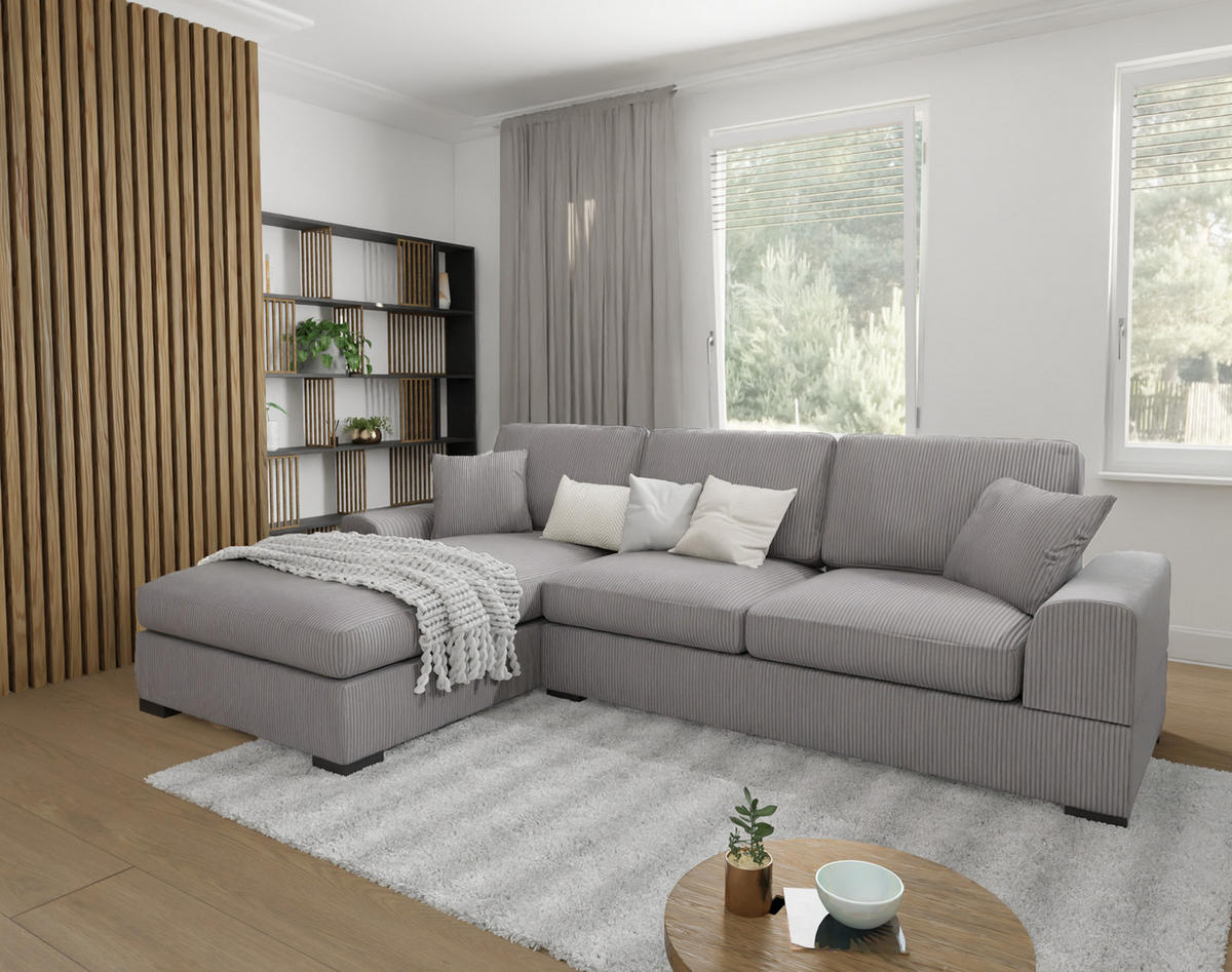 ECKSOFA Saga Hellgrau Cord - Hellgrau/Schwarz, Holz/Buchenholz (306/184cm) - S-Style Möbel