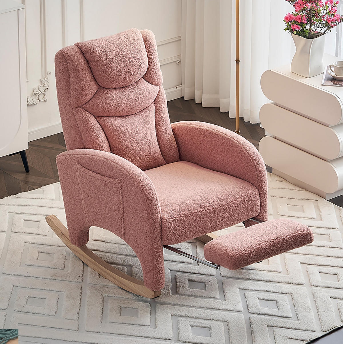 SCHAUKELSTUHL 66/125/101 cm in Rosa mit Teddybezug und klappbarem Fußhocker - Rosa, Textil (125/101/66cm) - Flora Grace