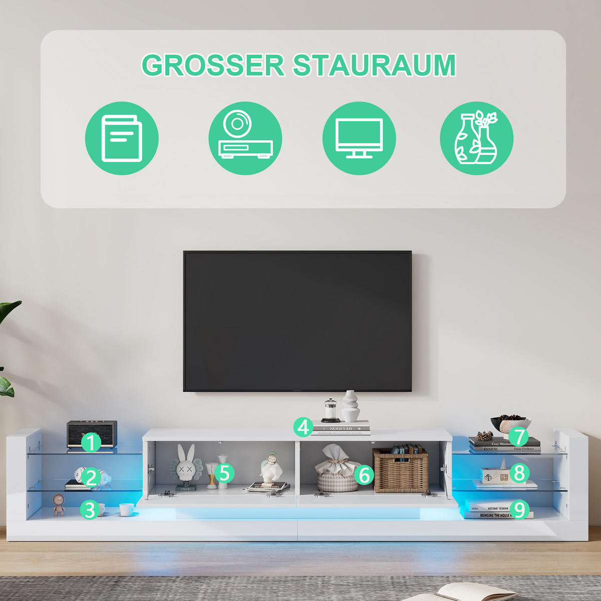 TV-SCHRANK weiß mit Hochglanzverkleidung, Glasfront und integrierter LED-Beleuchtung 181 × 38 × 38 cm - Weiß, Holzwerkstoff (181/38/38cm) - Luhomfu