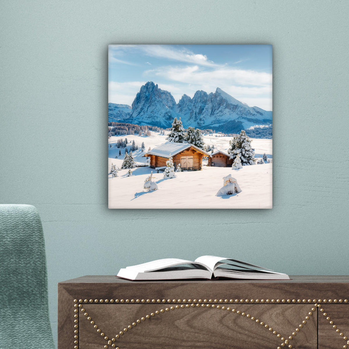 LEINWANDBILD Winter - Hütte - Berge - Aussicht - Schnee Deko Wohnzimmer 20x20 cm - Eichefarben, Textil (20/20cm) - MuchoWow