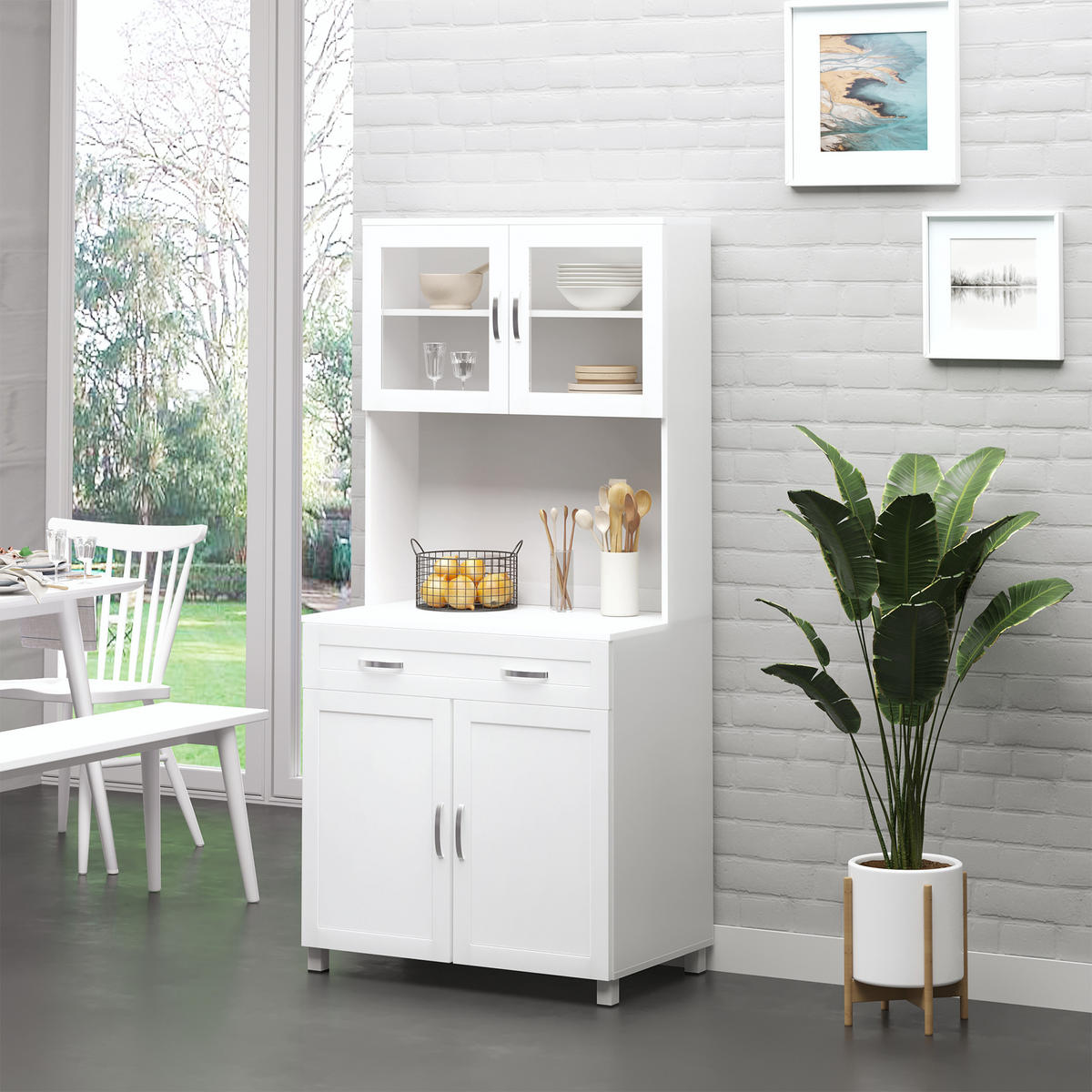 BUFFET DE-10998 2 Türen & große Schublade mit Vitrine Weiß - Weiß, Holzwerkstoff (121.92/431.8/203.2cm) - ComfortXL