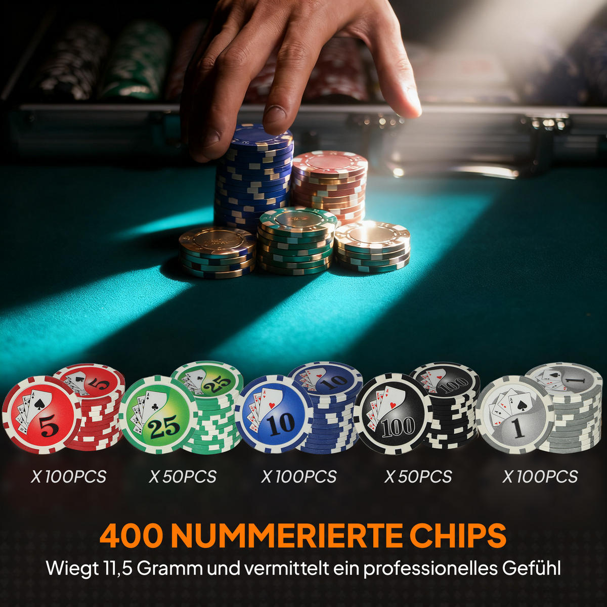 POKERKOFFER Pokerset mit 400 Chips 11,5 Gramm 2 Kartendecks 5 Würfeln - Grau, Kunststoff (28/39.5cm) - SPORTNOW