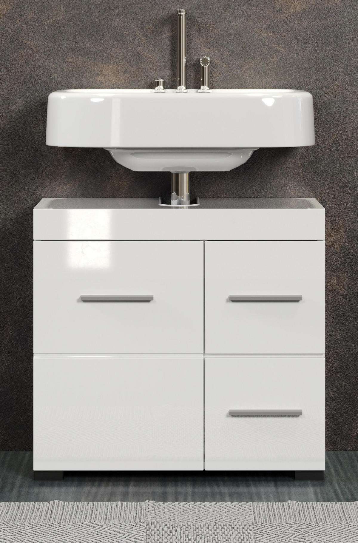 WASCHBECKENUNTERSCHRANK weiß Hochglanz 60 cm, Badschrank mit viel Stauraum - Weiß Hochglanz/Alufarben, Holzwerkstoff/Kunststoff (60/56/34cm) - Top.Furn