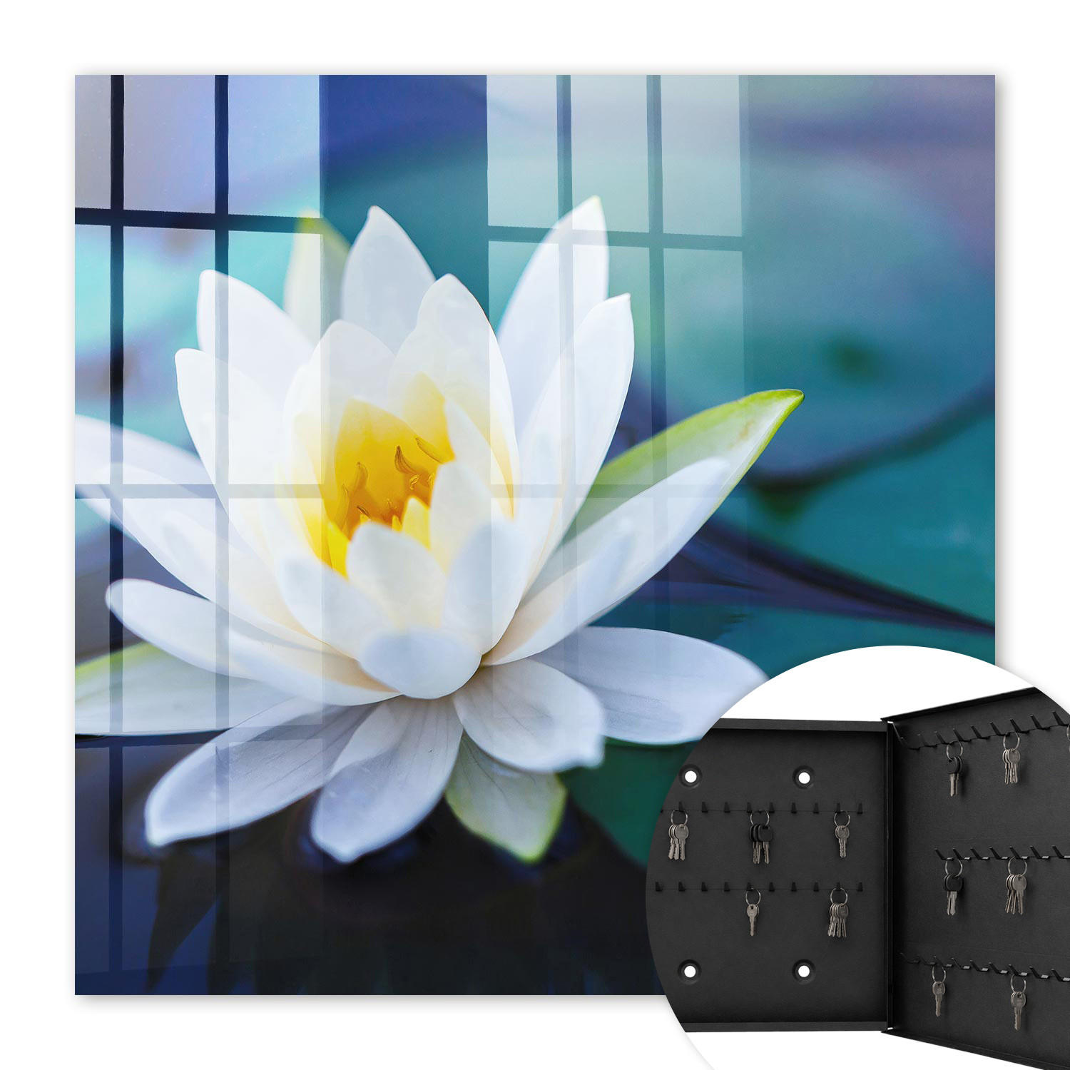 SCHLÜSSELBOX Schwarz 30x30 cm- Türöffnung nach rechts - Seerose - Grün, Metall (30/30/5cm) - TULUP