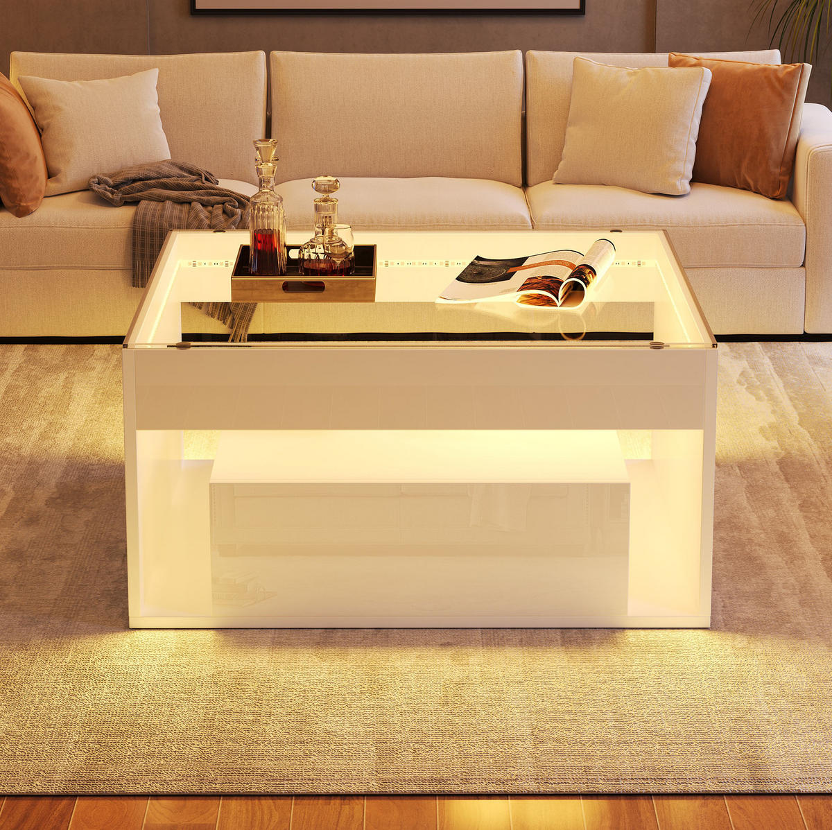 COUCHTISCH 70/70/35 cm in Weiß mit LED-Beleuchtung und 2 Schubladen - Weiß, Holzwerkstoff (70/70/35cm) - Flora Grace
