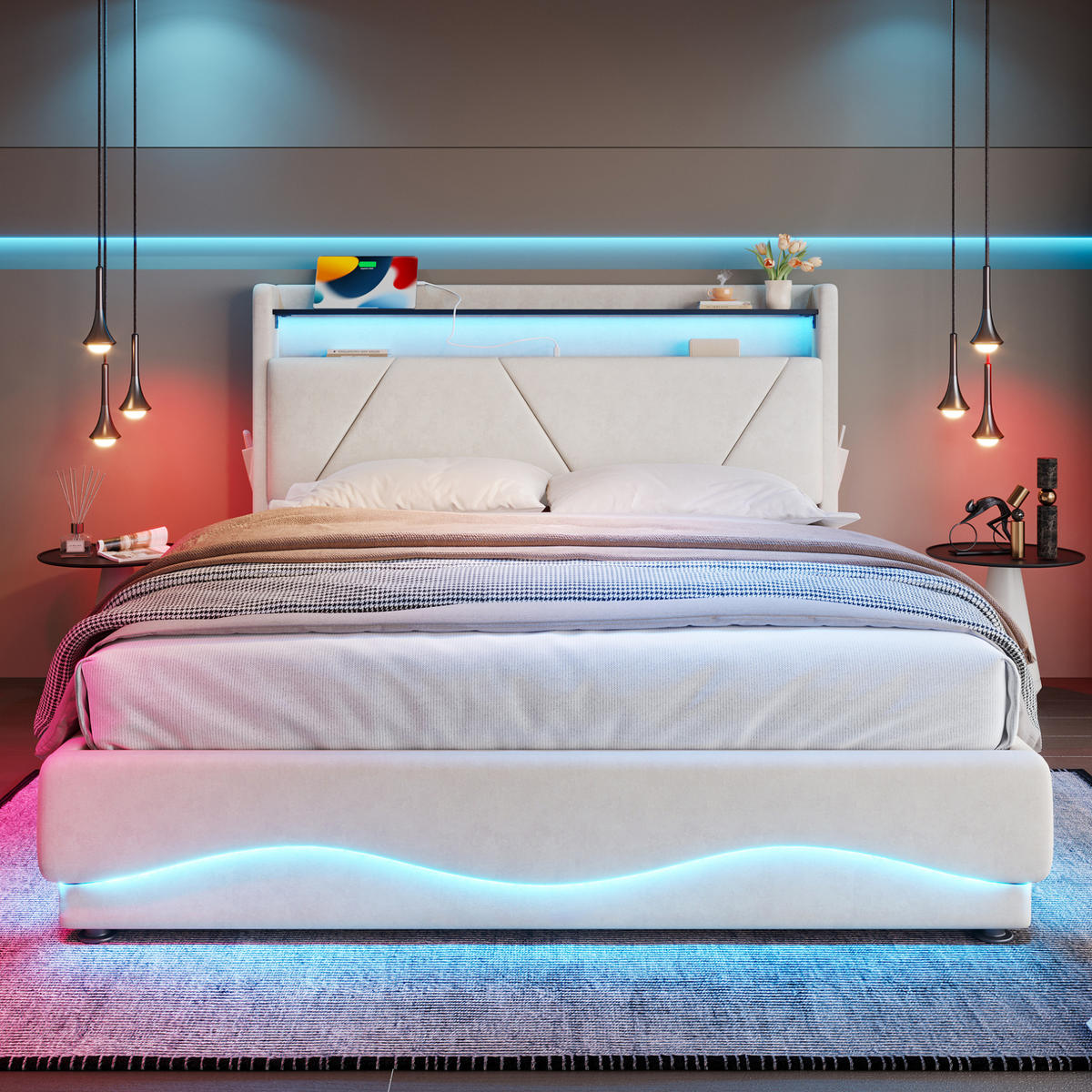 OBLAZINJENA postelja iz žameta, 140/200 cm bež, z LED-osvetlitvijo in shranjevalnim prostorom - bež, tekstil (140/200cm) - Modenvie