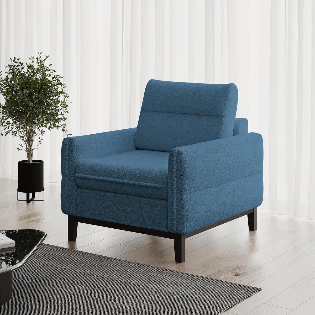 SITZGARNITUR Belweder, zwei Sofas+Sessel, Blau, Bouclé - Wengefarben/Blau, Holz/Textil (268/95/94cm) - Beautysofa