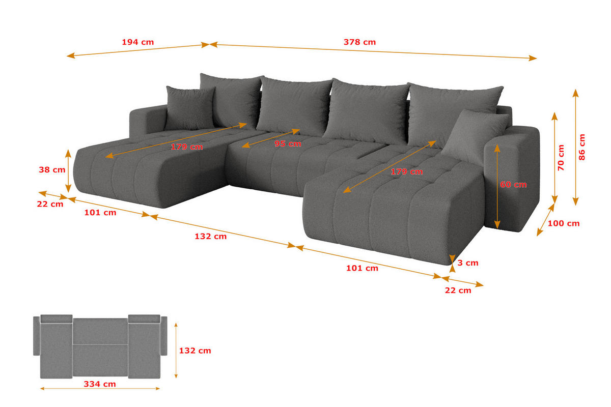 SEDACÍ SOUPRAVA DO U s funkcí spaní a úložným prostorem MILA-U 378x194x86 šedá bouclé - šedá/černá, kompozitní dřevo/textil (378/86/194cm) - ALTDECOR
