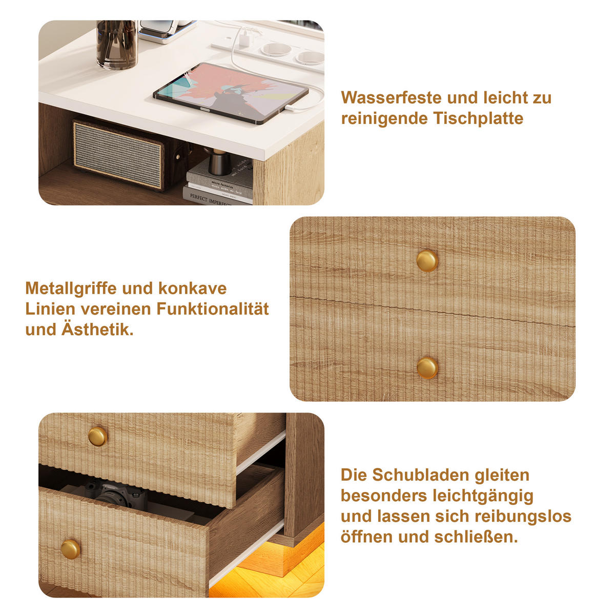 NACHTTISCH Eichenoptik mit LED-Licht & Ladefunktion (2er Set) - Eichefarben, Holzwerkstoff (38/55/44cm) - SHOPENTRA