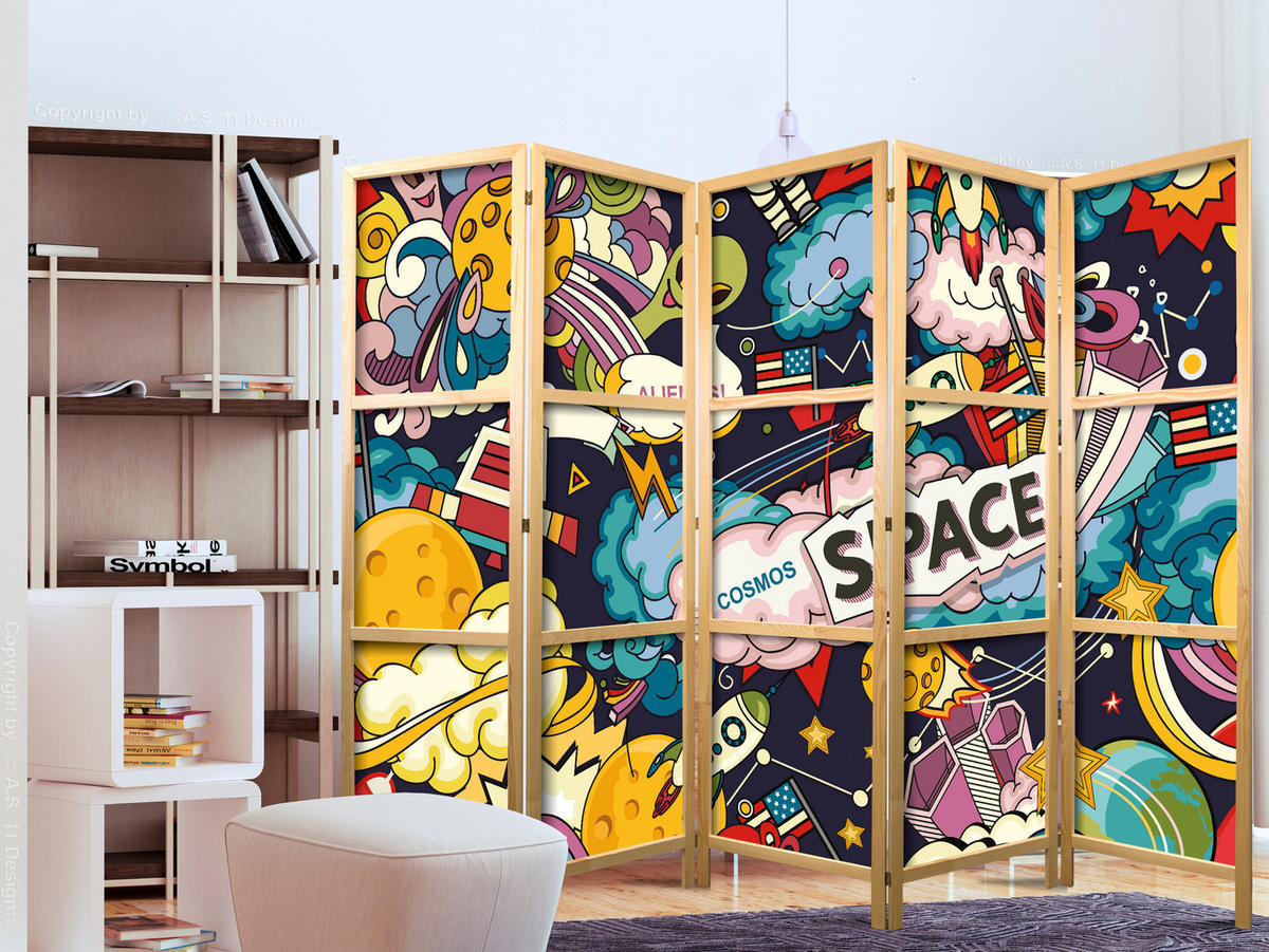 PARAVENT Japanischer 5-tlg 225x172 cm Bunter Comic-Stil - Multicolor, Holz/Textil (225/172/3cm) - Muralo