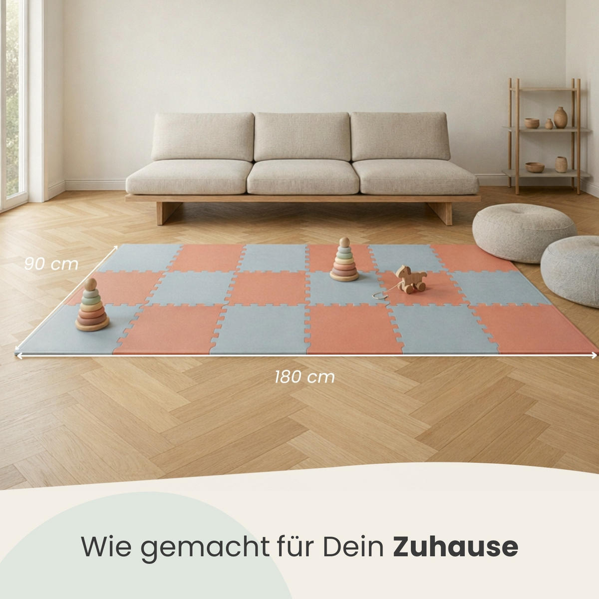 SPIELMATTE ab Null - 180/90/1 cm Puzzlematte mit Rand Terrakotta Graublau - Rosa, Kunststoff (30/30cm) - Littletom