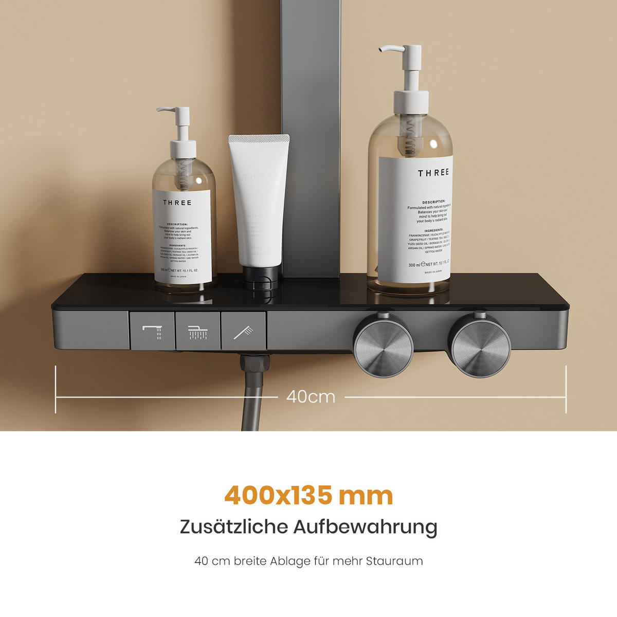 ÜBERKOPFBRAUSESET mit Thermostat Einstellbarer Durchfluss 4-Strahl Anthrazit Matt - Anthrazit, Metall (40.2/105/57.3cm) - EMKE