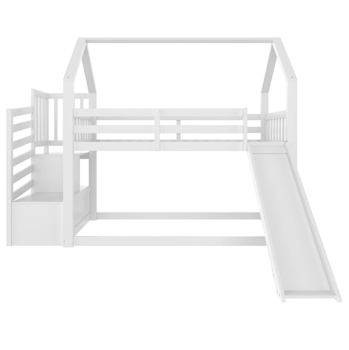 ETAGENBETT aus Kiefer und MDF 90x200 cm Weiß/Grau mit Stauraumtreppe, Rutsche und Hausdesign - Weiß, Holzwerkstoff (90/200cm) - Modfu