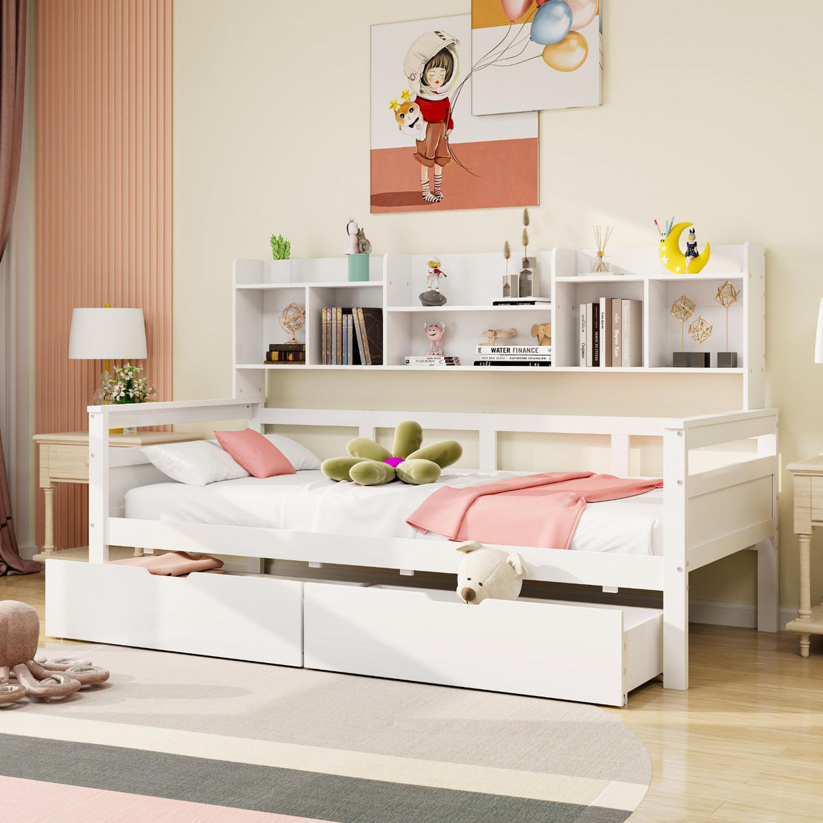 KINDERBETT 90/200 cm als Schlafsofa mit 2 Schubladen, Seitenregalen und Lattenrost, Weiß - Weiß, Holzwerkstoff (90/200cm) - Redom