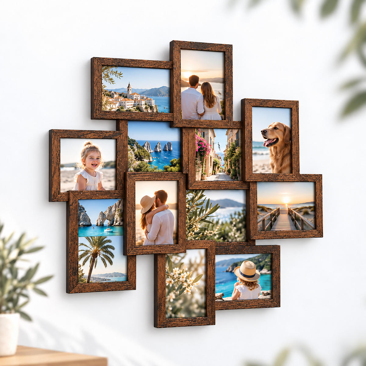 FOTORÁMIK vintage hnedá koláž na 12 fotografií 10x15 cm - hnedá, kompozitné drevo/plast (62/64.5/3.5cm) - Relaxdays