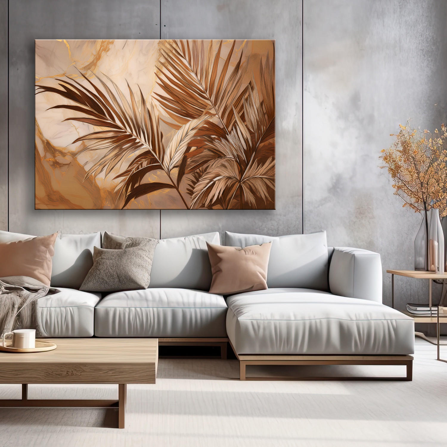 WANDBILD palmblätter sepia gold marmor - Beige, Textil (60/40cm) - Feeby