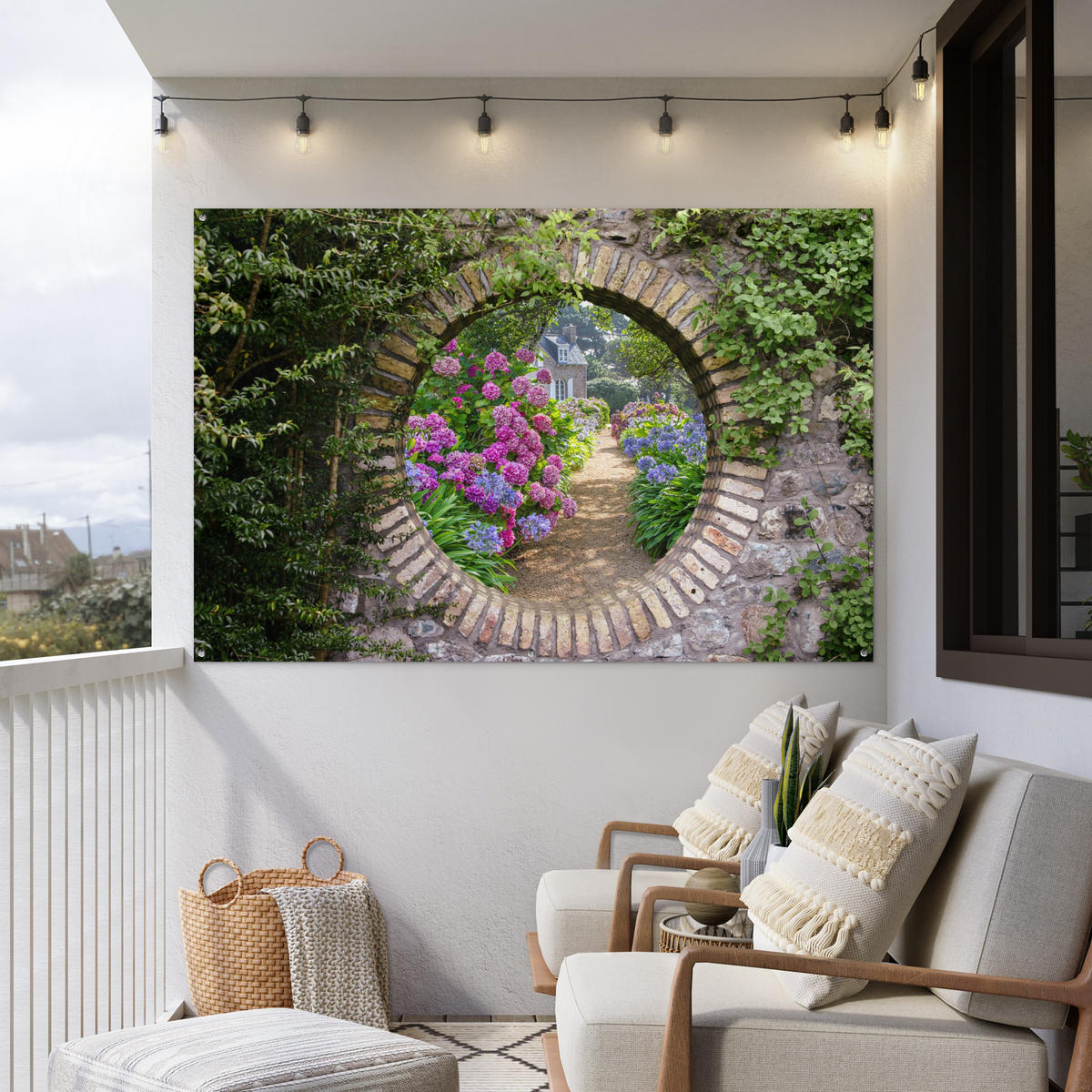 ZAHRADNÍ PLAKÁT Průhled - Květiny - Hortenzie - Léto 180x120 cm - šedohnědá, plast (180/120/0.2cm) - OnlyWow