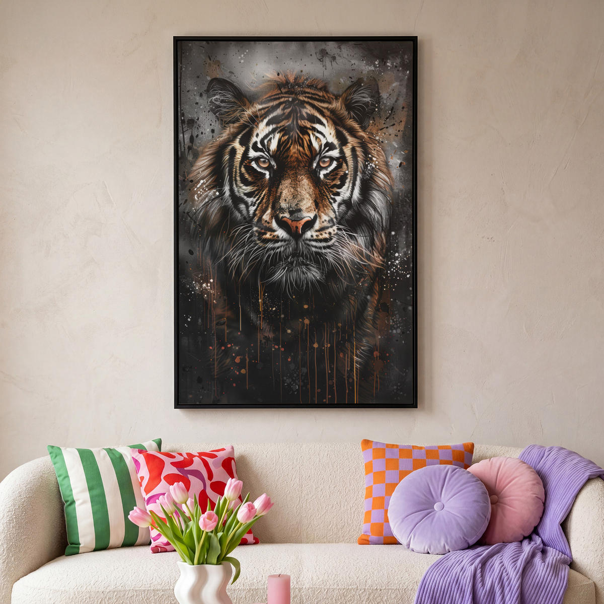 LEINWAND Bilder mit Rahmen - Tiger - Tiere - Porträt - Luxus - Schwarz - 100x150 - Braun, Textil (100/150cm) - MuchoWow