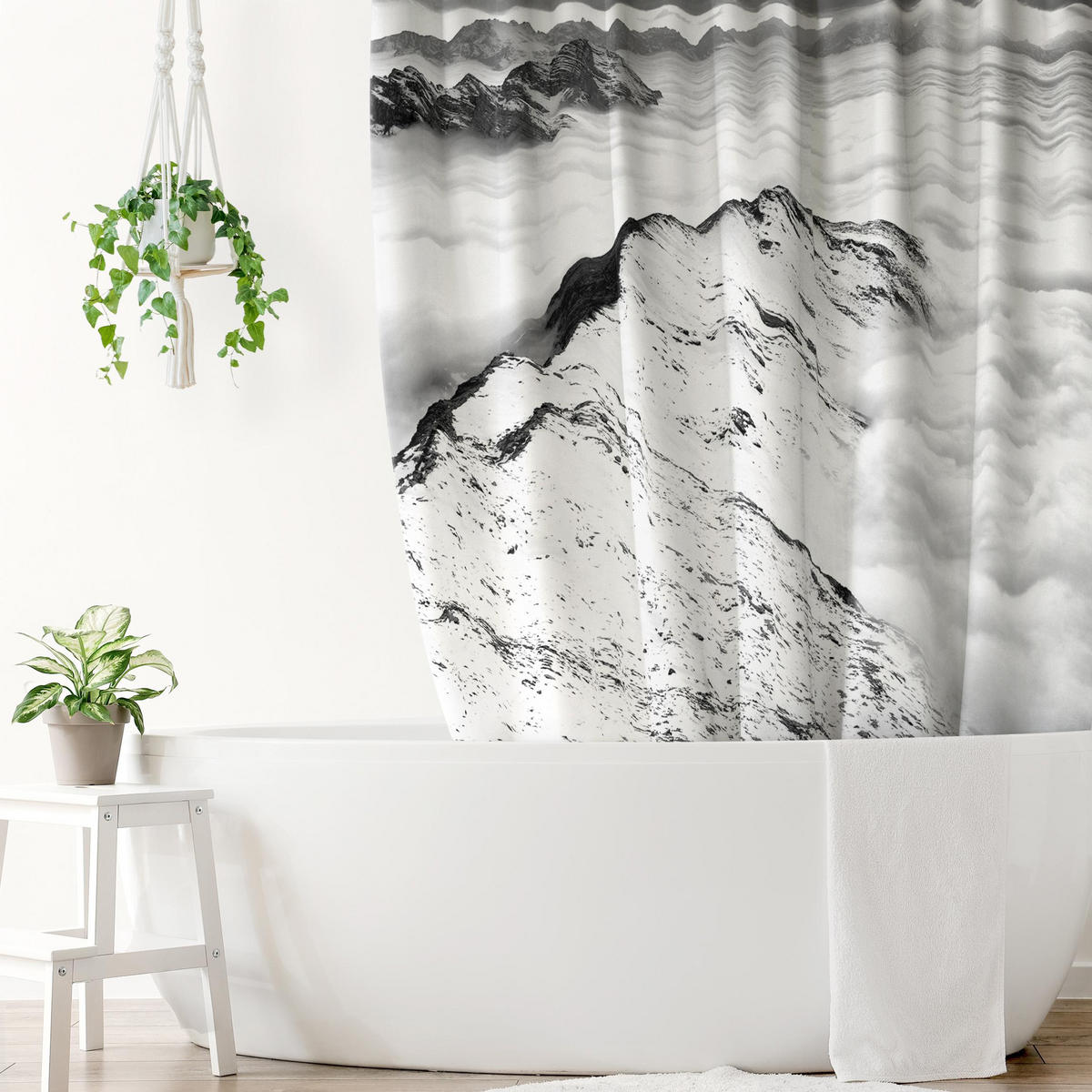 DUSCHVORHANG Blick über Wolken und Berge Schwarz-Weiß 200/180 cm - Schwarz, Textil (200/180cm) - Bilderwelten