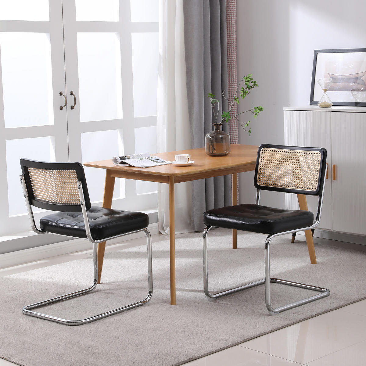 ESSZIMMERSTUHL 2er-Set mit Rattanlehne und PU-Polster, Schwarz - Schwarz, Kunststoff (50/85/61cm)