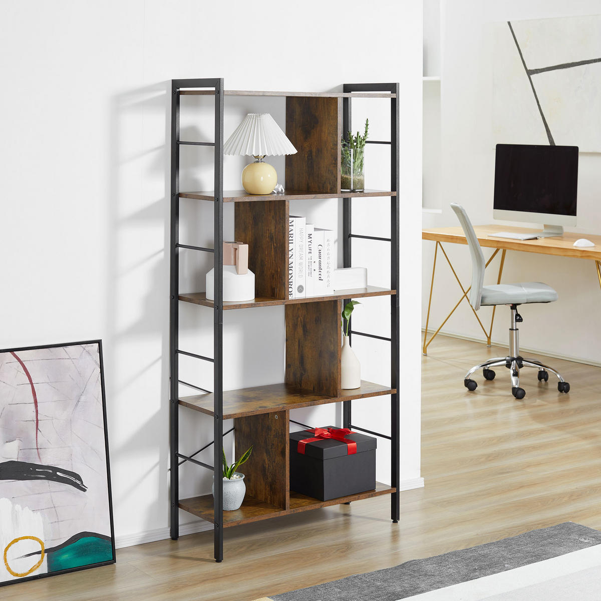 REGAL DE-15532 5-stufig mit Mittelsteg, 74/30/157 cm Braun/Schwarz - Braun, Holzwerkstoff (74/157.5/30cm) - ComfortXL