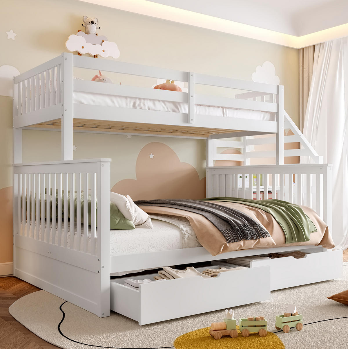 ETAGENBETT 90/200 und 140/200 cm aus Kiefer mit Schubladen in Weiß - Weiß, Holzwerkstoff (90/200cm) - BEAOK