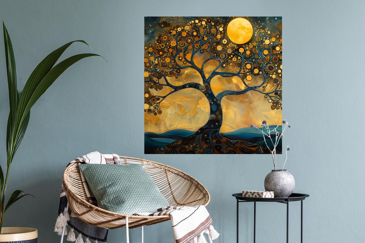 WANDTATTOO Baum - Mond - Blumen - Gold - Kunst 50x50 cm - Orange, Kunststoff (50/50/0.1cm) - MuchoWow
