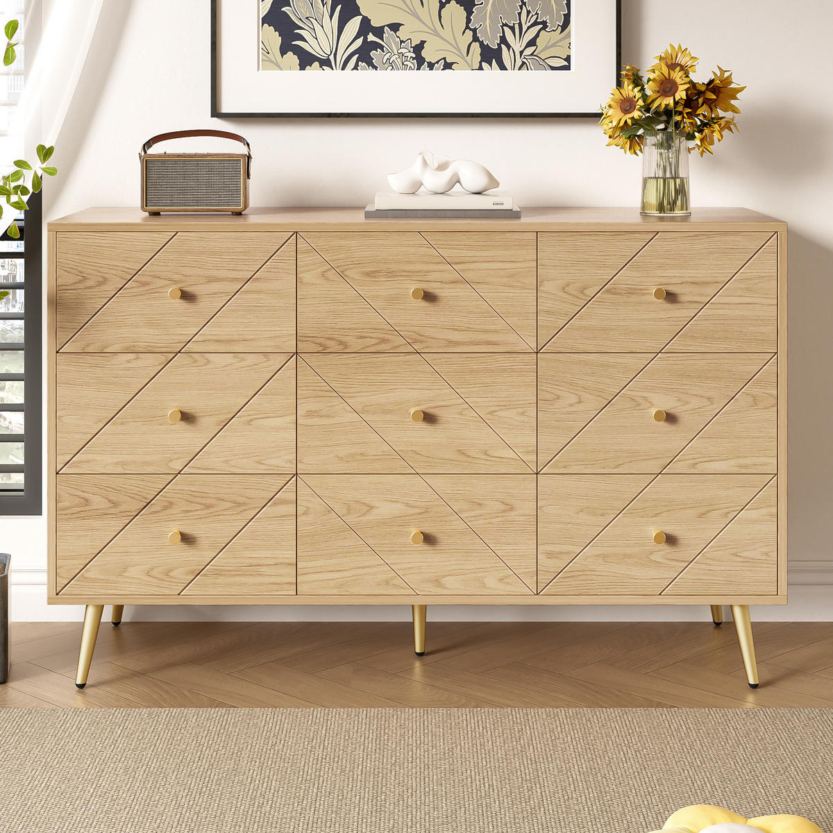 KOMMODE 9 Schubladen Metallbeine - Naturfarben, Holzwerkstoff (120/80/39cm) - Fortuna Lai