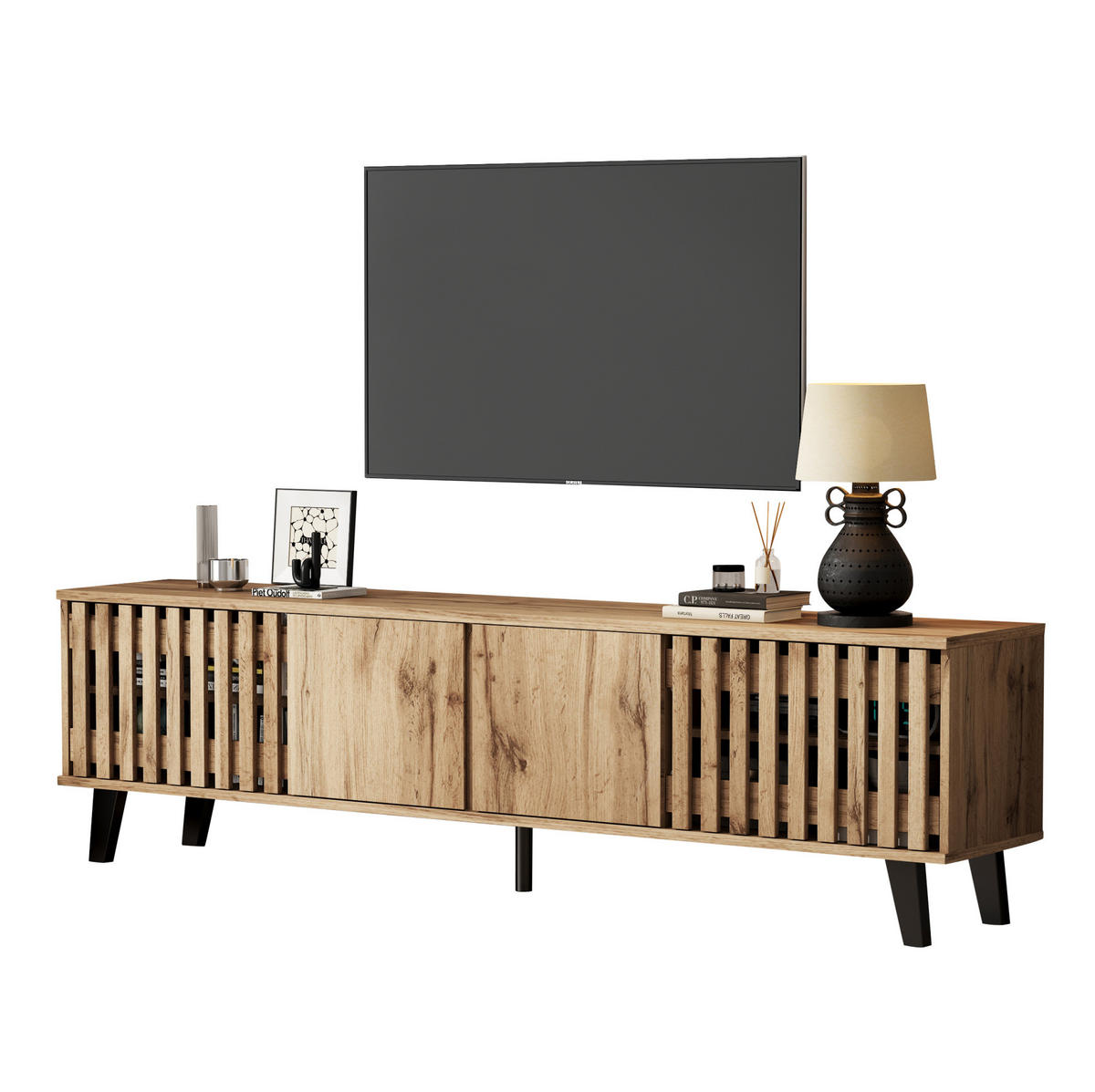 TV-SCHRANK 180/40/55 cm Naturholzfarbe aus Spanplatte mit 8 Fächern - Hellbraun, Holzwerkstoff (180/55/40cm) - OKWISH