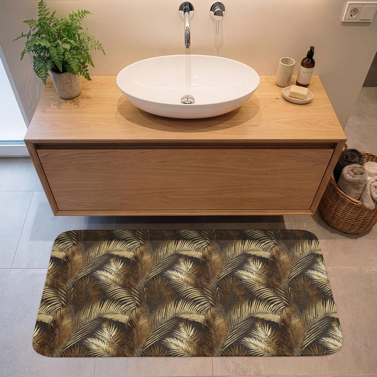 KOUPELNOVÁ PŘEDLOŽKA Tropical - Listy - zlaté 120x60 cm - zlatá, textil/plast (120/60cm)