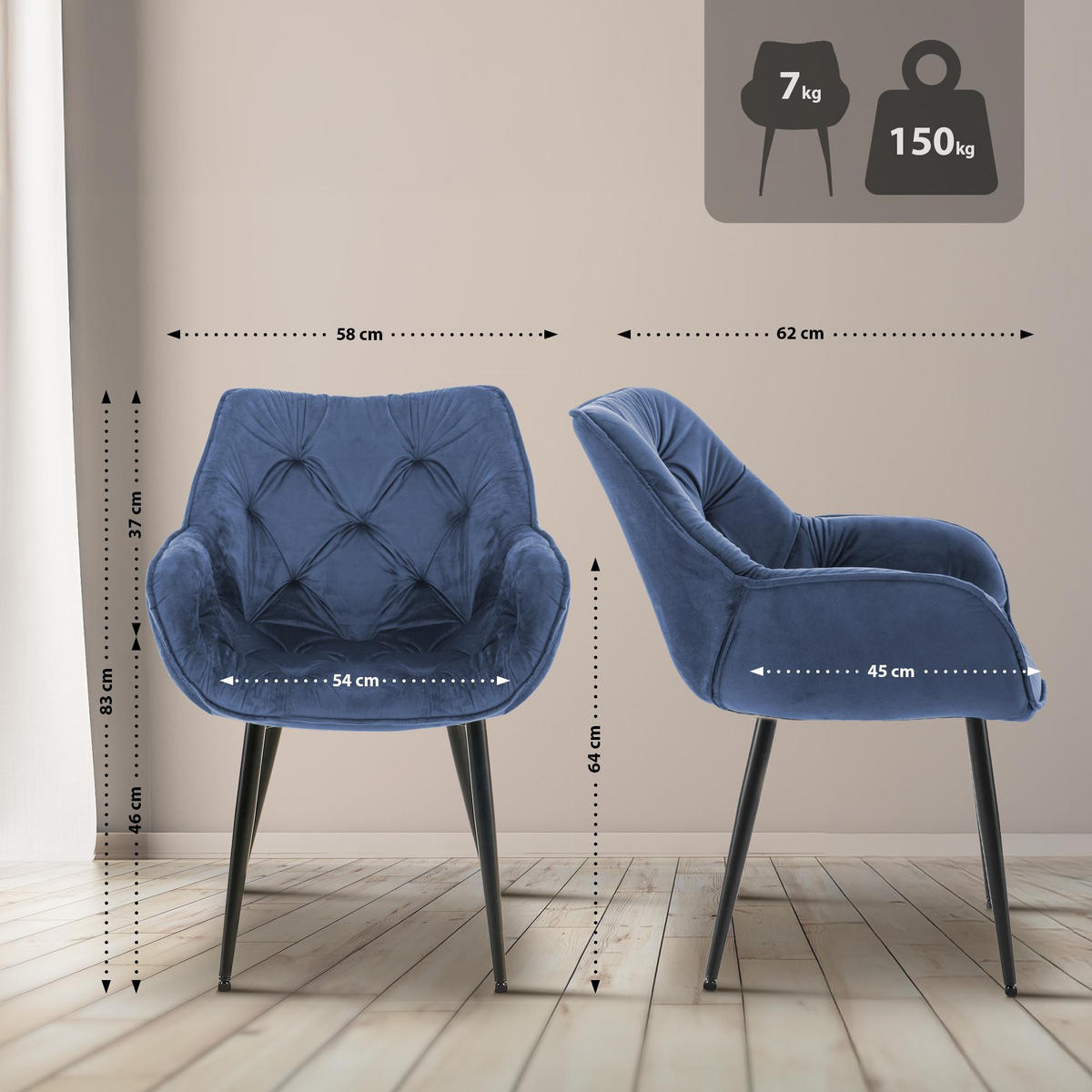 ARMLEHNENSTUHL 2er Set Samt Blau - Blau/Schwarz, Textil/Metall (58/83/62cm) - CLP