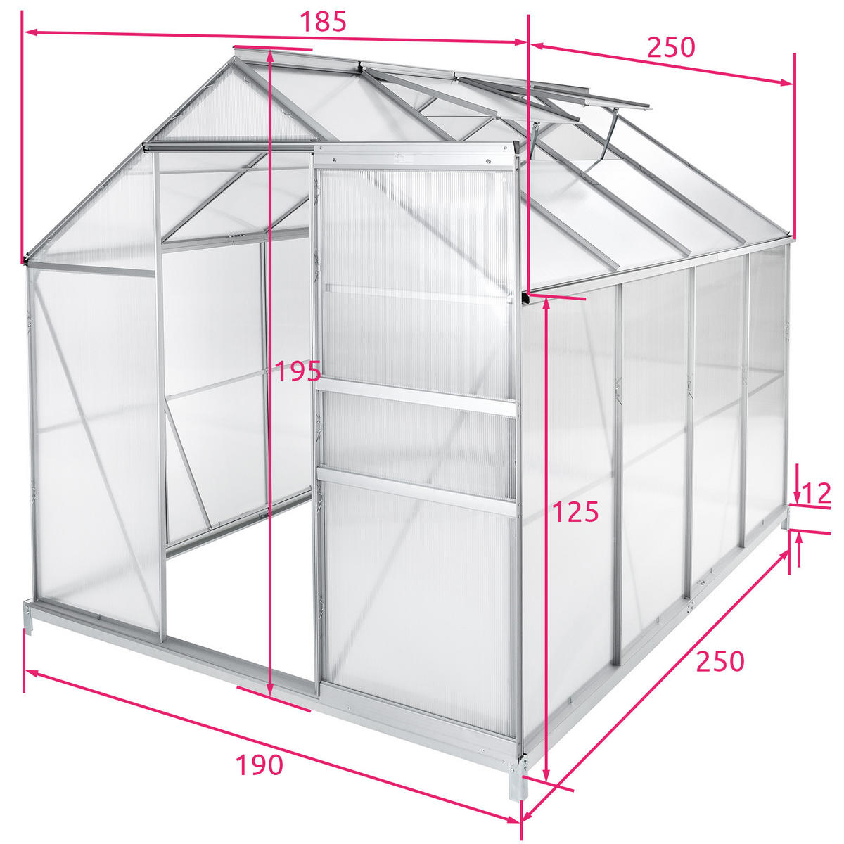 GEWÄCHSHAUS MIT FUNDAMENT, 185 x 250 x 195 cm,transparent - Transparent, Metall (185/195/250cm) - tectake