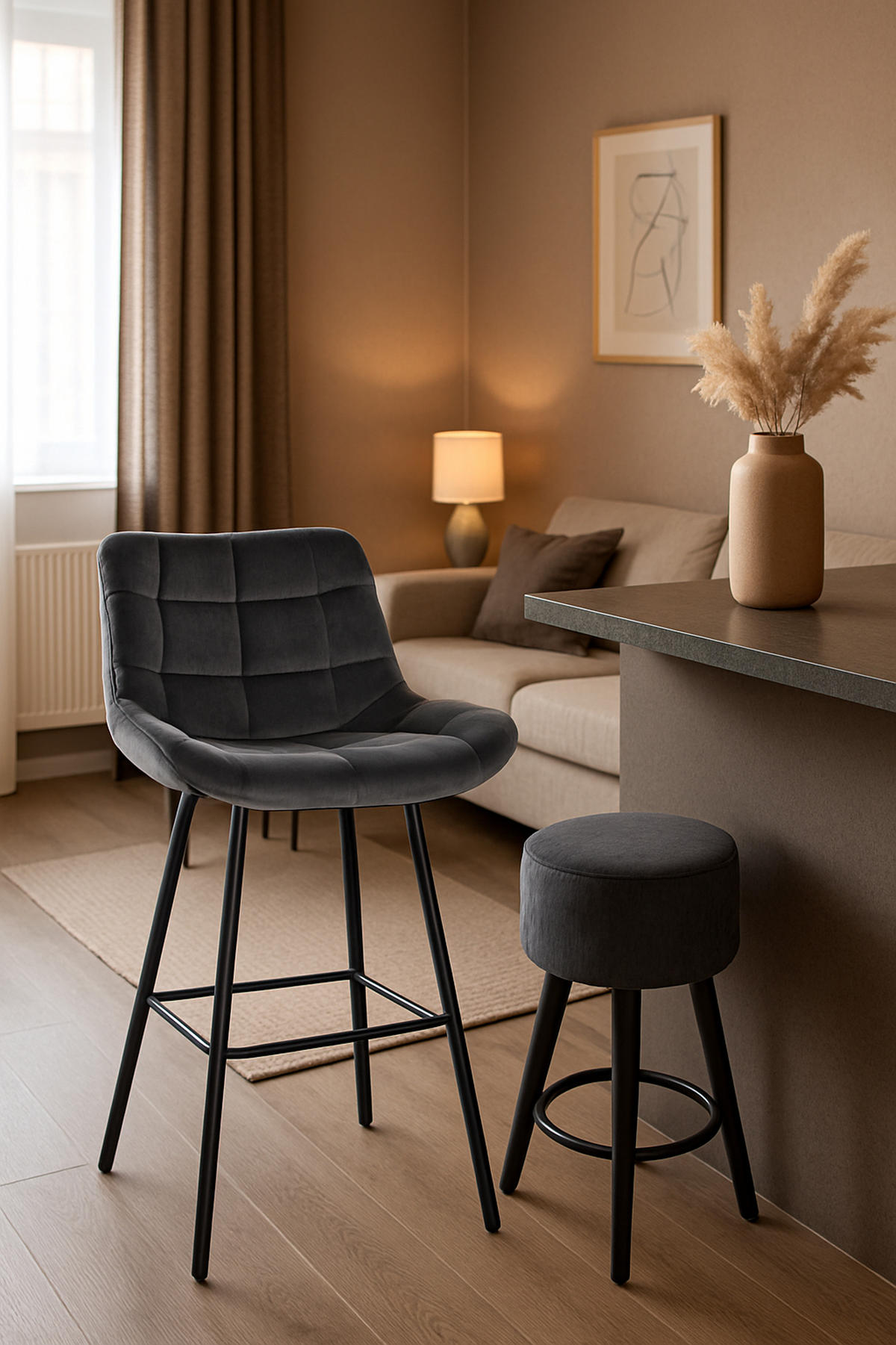 BARHOCKER Welton Samt dunkelgrau - Dunkelgrau/Schwarz, Textil/Metall (49/104/56cm) - TPFLiving