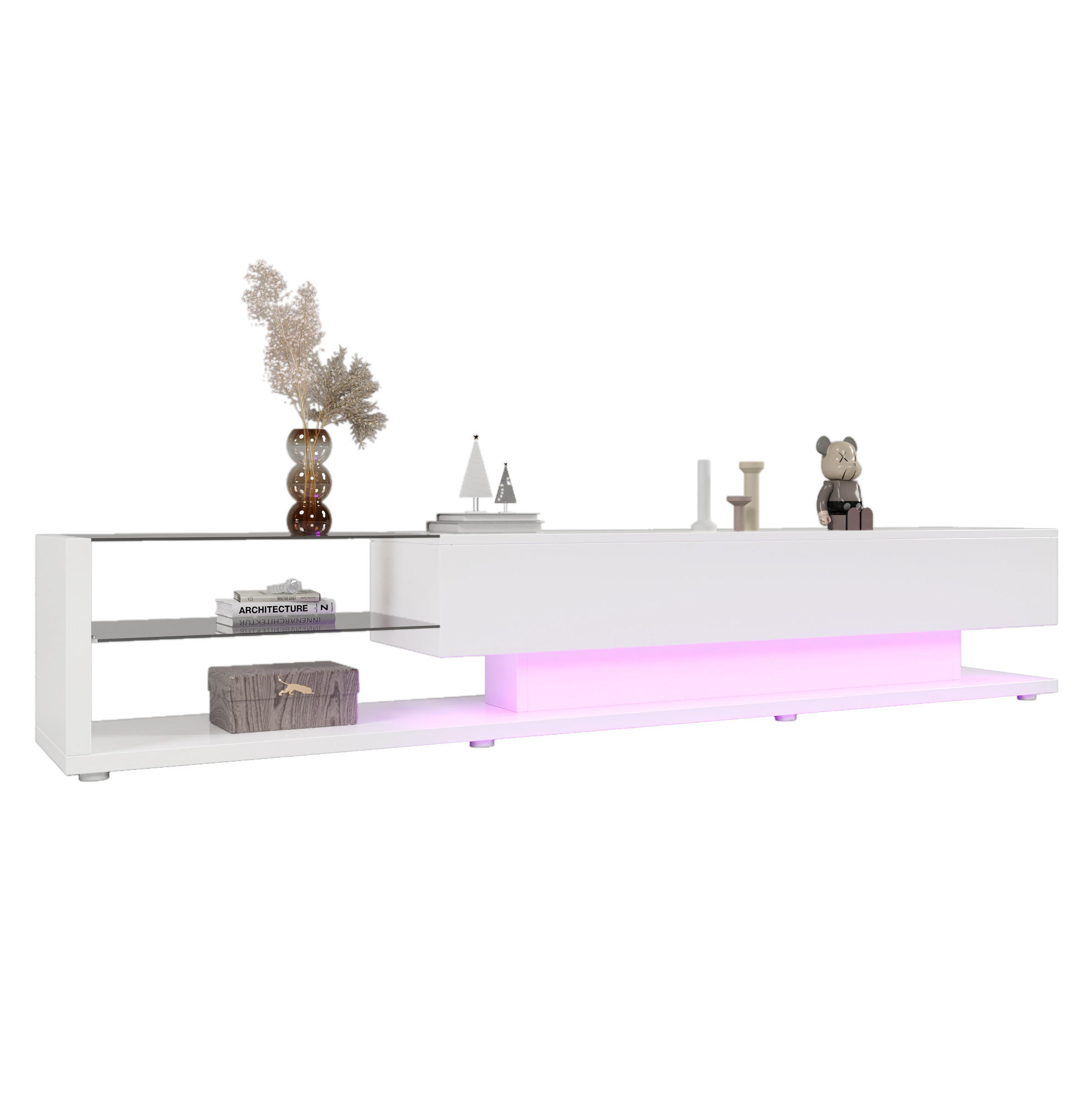 Modfu TV stolek z dřevotřísky 170x36x38 cm bílý vysoký lesk s LED osvětlením, 2 zásuvkami a skleněnými policemi