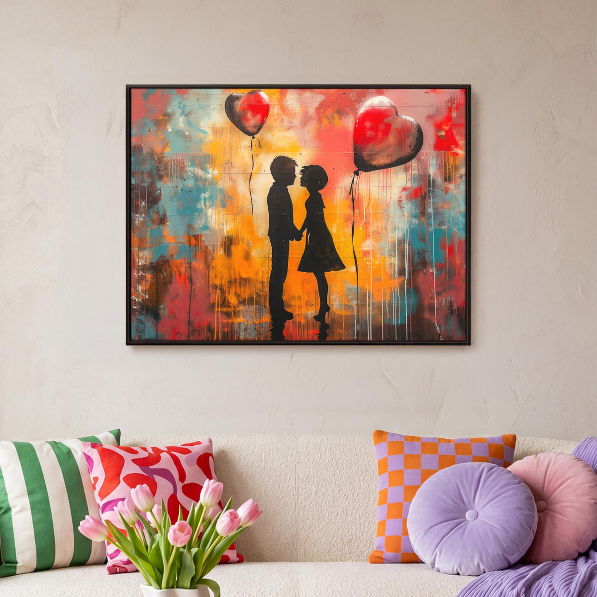 LEINWAND Bilder mit Rahmen - Straßenkunst - Liebe - Graffiti - Kunst - Banksy - 70x50 - Orange, Textil (70/50cm) - MuchoWow