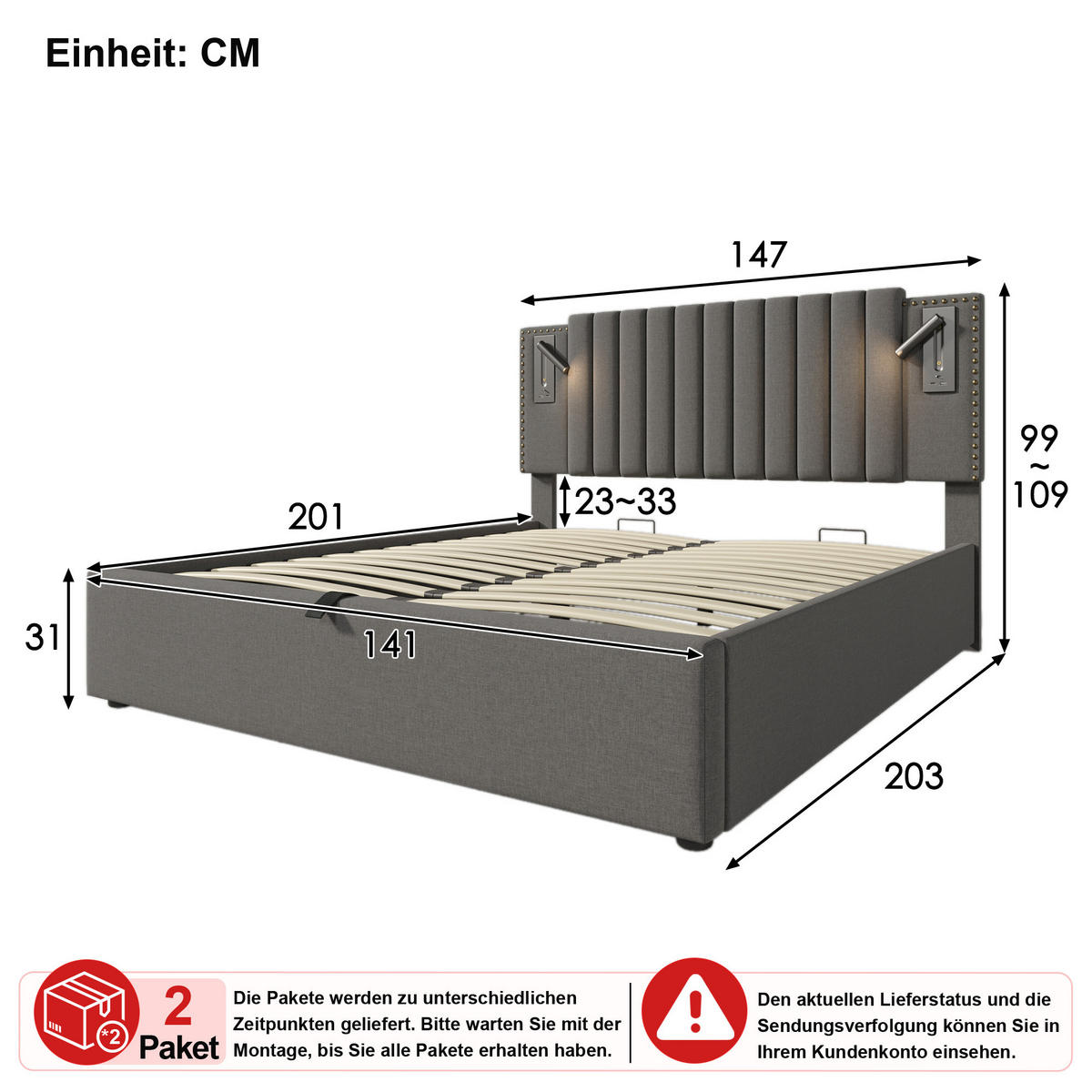 POLSTERBETT 140/200 cm in Grau Stoff mit Bettkasten, USB und Leselampe - Grau, Holzwerkstoff/Textil (140/200cm) - WISHDOR