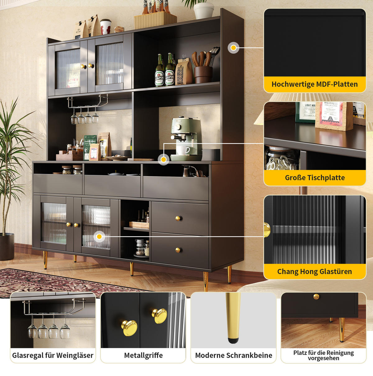 ANRICHTE Esszimmer-Hochschrank 145/39/171 cm aus MDF mit Changhong-Glastüren und Weinregal Schwarz - Schwarz, Holzwerkstoff (145/171/39cm) - Modenvie