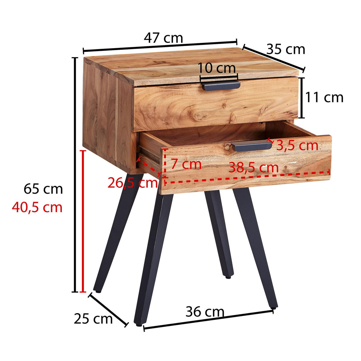 NACHTTISCH – Akazie Massivholz, Industrial-Stil, handmade, braun/grau - Beige/Anthrazit, Holz/Metall (47/65/35cm) - KADIMA DESIGN