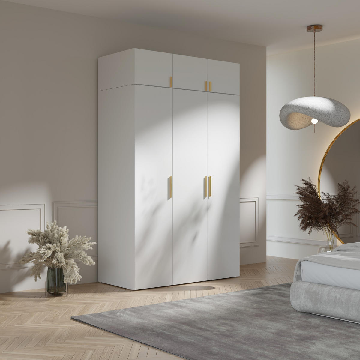 AUFSATZ für Schrank Napoli 3D 150 Weiß (schwarzer oder goldener Griff) - Silberfarben/Schwarz, Holzwerkstoff/Kunststoff (150/35/60cm) - mzm24