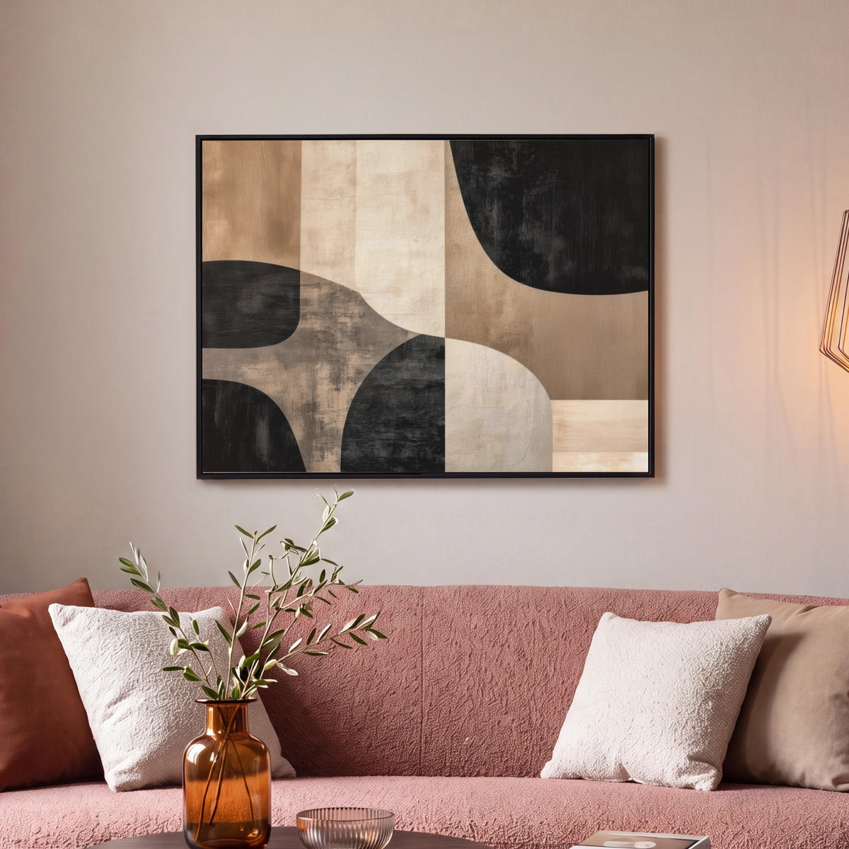LEINWAND Bilder mit Rahmen - Abstrakt - Flugzeuge - Schwarz - Rund - 70x50 - Beige, Textil (70/50cm) - MuchoWow