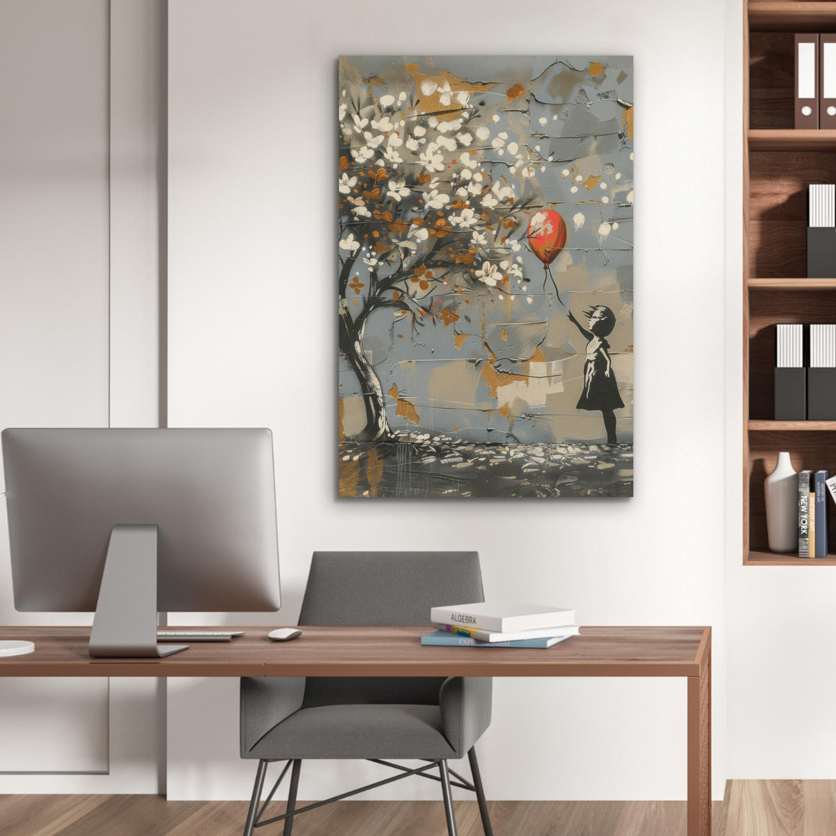 AKUSTIKPANEEL Baum - Graffiti - Banksy-Stil - Ballon-Mädchen 70x100 cm - Blaugrau, Textil (70/0.9/100cm) - MuchoWow