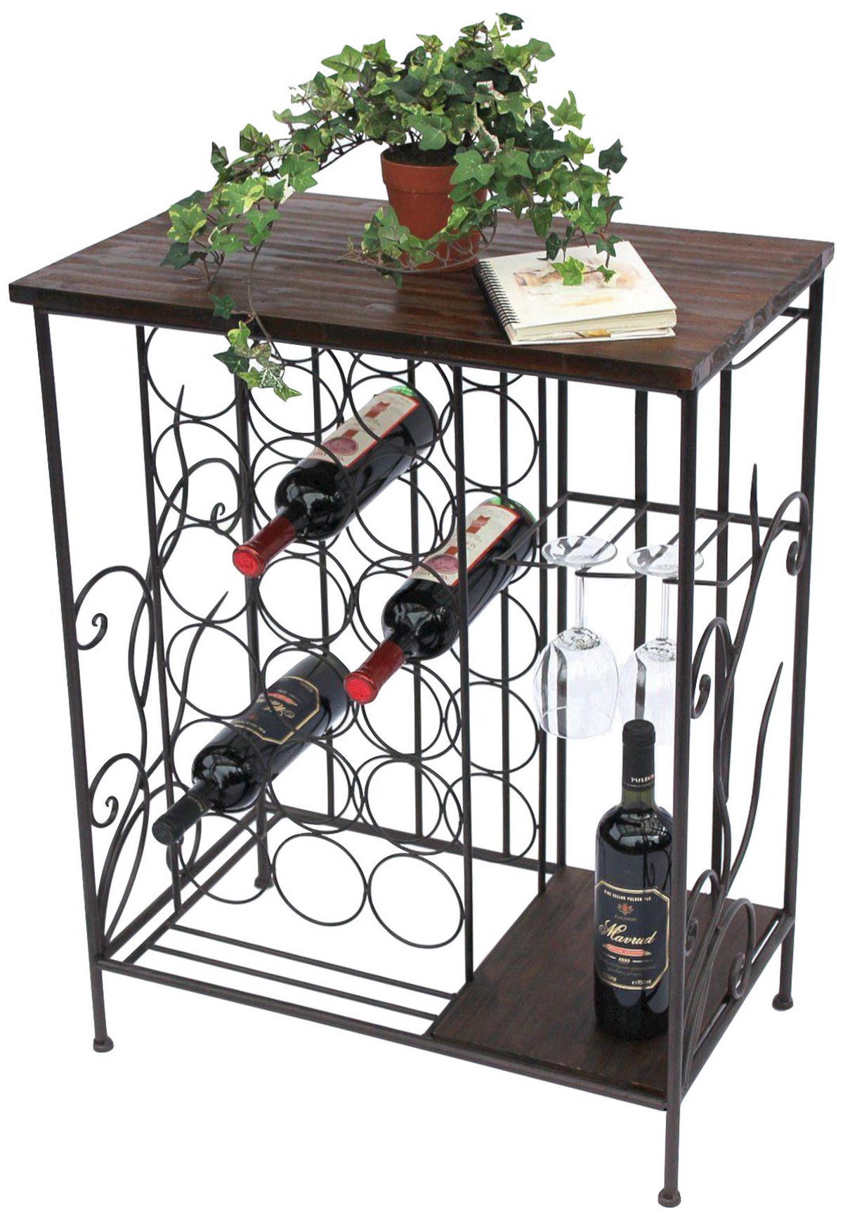WEINREGAL mit Holzablage und Glashalter Metall Braun 83 cm 12977 - Braun, Metall (62/83/36cm) - DanDiBo