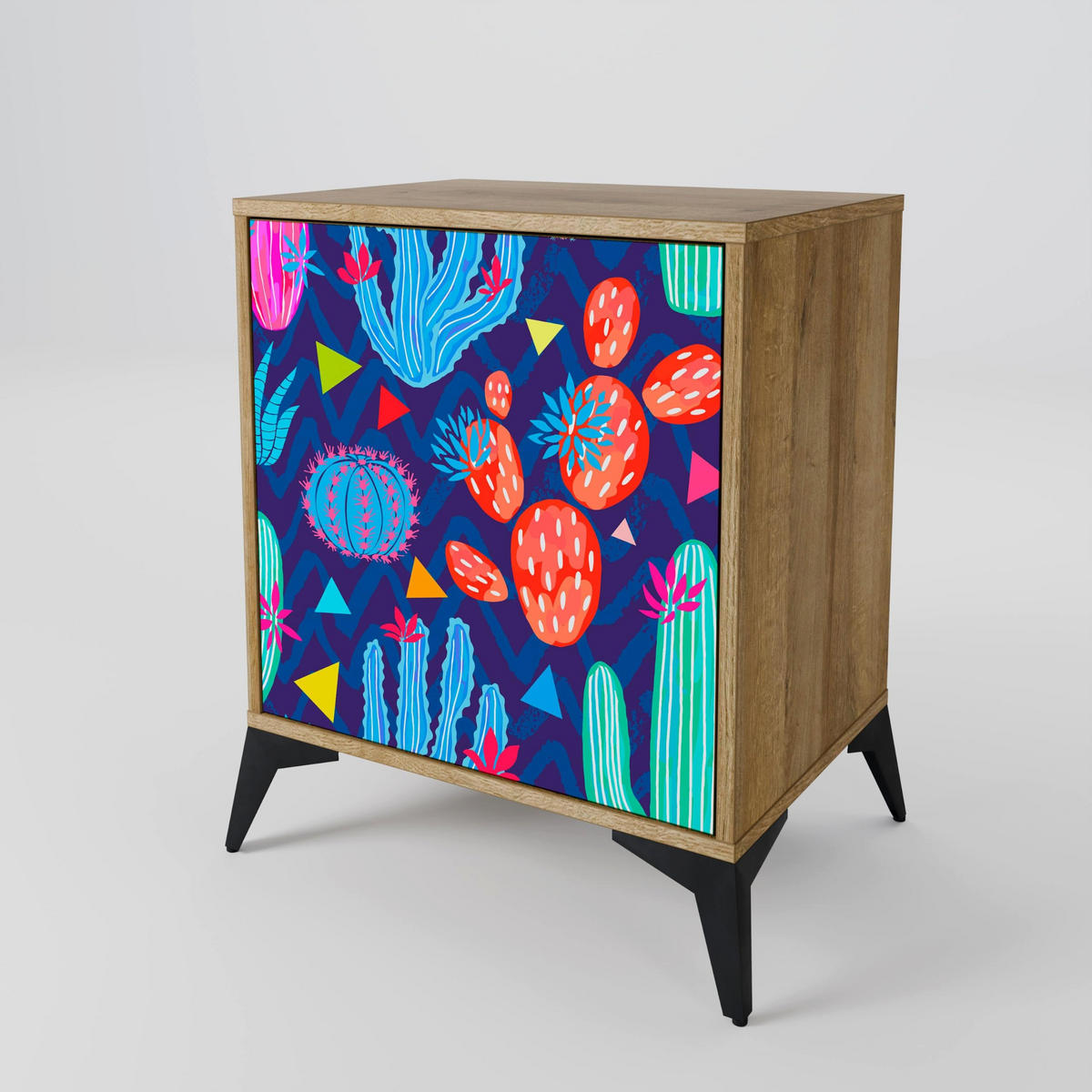 SIDEBOARD CACTUS VIBES, Eichefarben, 57,5x42x67,5 cm, Schwarze Metall-Rahmenfüße - Eichefarben/Multicolor, Holzwerkstoff/Metall (57.5/67.5/42cm) - SpaceRebels