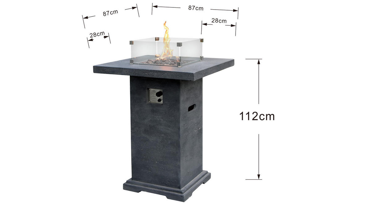 FEUERTISCH MONTREALl Bartische aus GF-Beton - 2-tlg. Set inkl. Glasumrandung - Dunkelgrau, Naturmaterialien (87/106/87cm) - Elementi