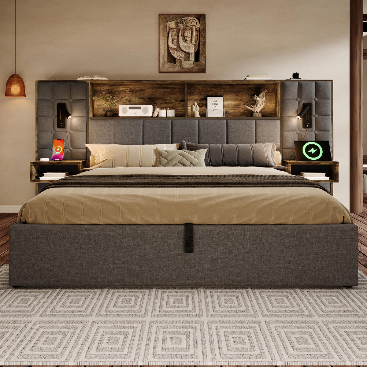POLSTERBETT 160/200 cm in Grau mit Stauraum, LED, Leselampen, Nachttischen und USB/Type-C - Grau, Holzwerkstoff/Textil (160/200cm) - WISHDOR