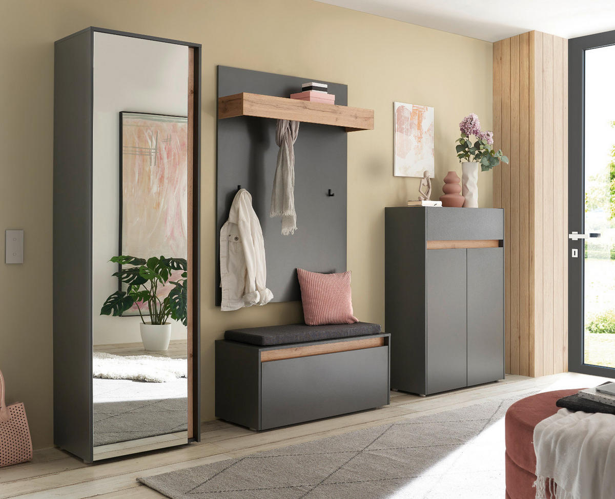 GARDEROBEN-SET 5-teilig grau matt, Eiche Wotan 265 cm, Flurmöbel mit viel Stauraum - Eiche Wotan/Schwarz, Glas/Holzwerkstoff (265/200/40cm) - Furn.Design