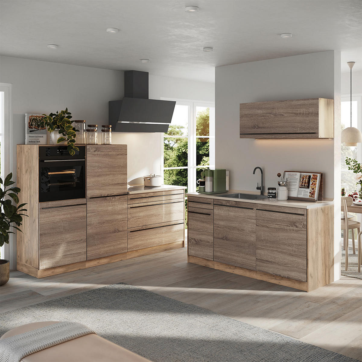 KÜCHENZEILE R-Line, Sonoma/Goldkraft Eiche, 220 cm ohne Arbeitsplatte - Eichefarben/Sonoma Eiche, Holzwerkstoff (220/143/46cm) - Vicco