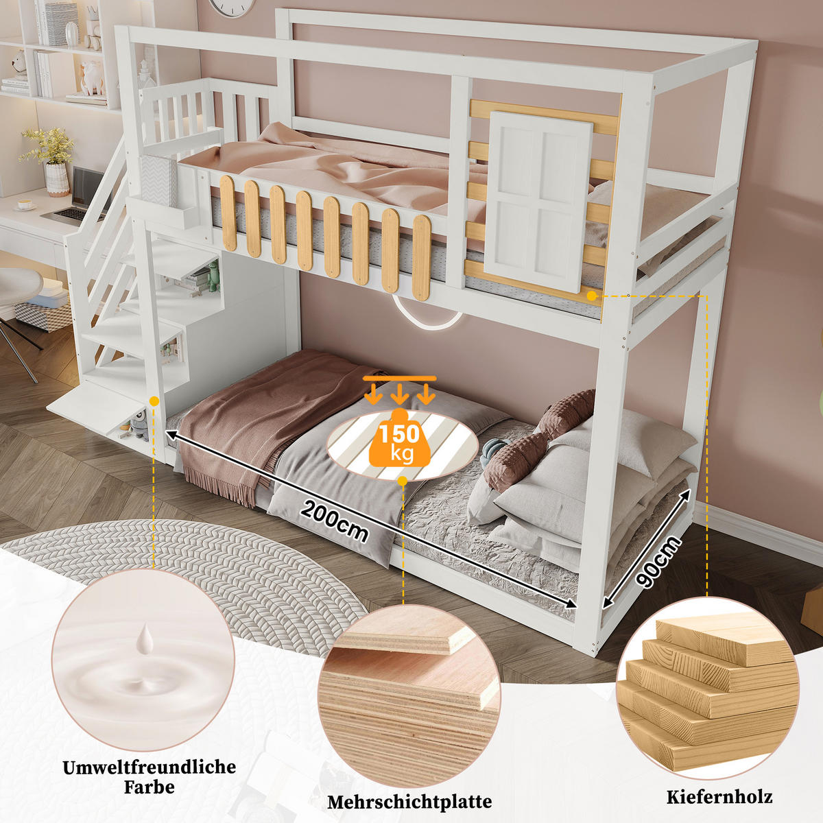 ETAGENBETT 90x200 cm Treppe Fenster Stauraum weiß - Weiß, Holz (90/200cm) - LEBENLANG