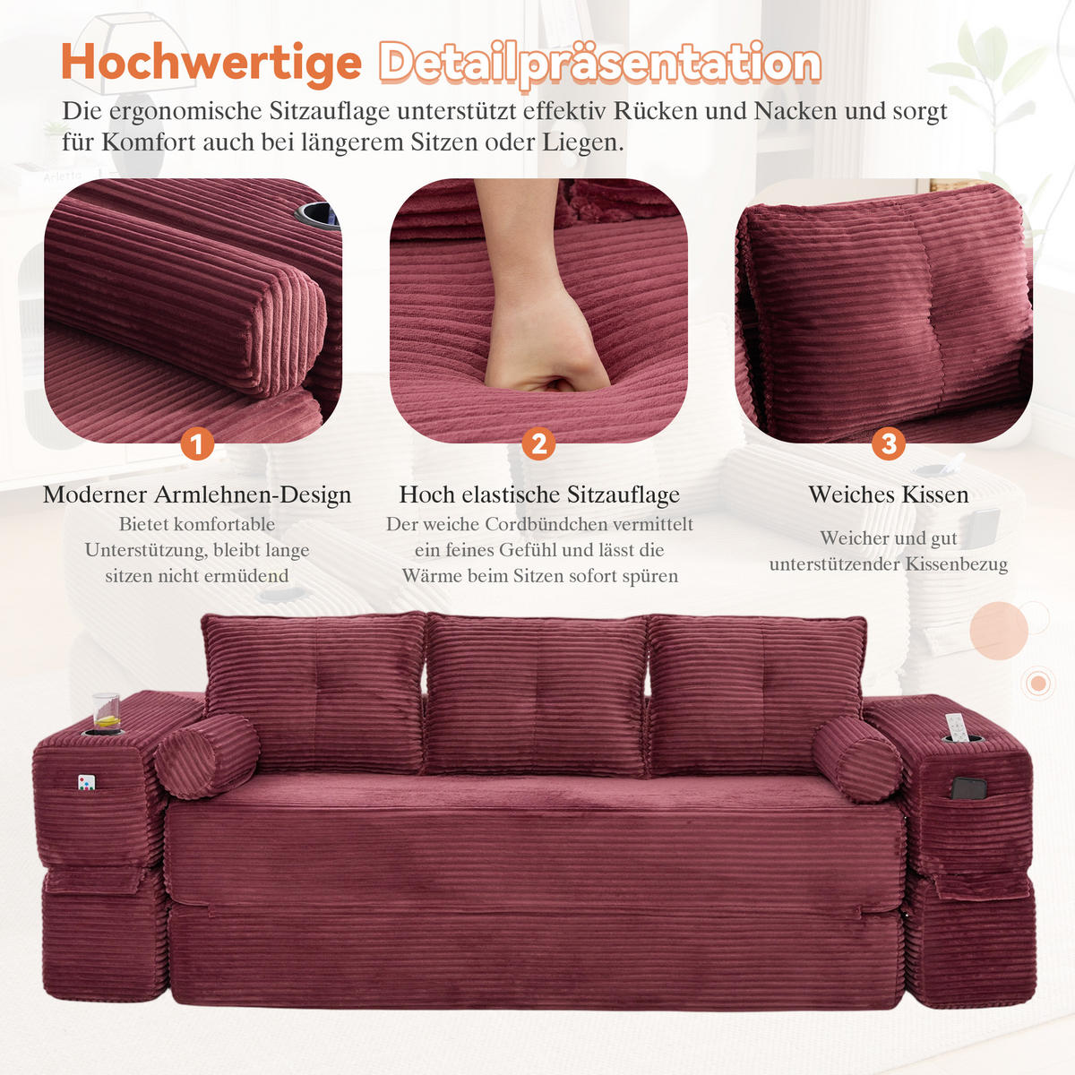 SCHLAFSOFA, 2-in-1 Klappsofa mit Getränkehalter, Modulares Bodensofa Cordstoff, Weinrot - Weinrot, Textil (232/80/98cm) - LVHOM