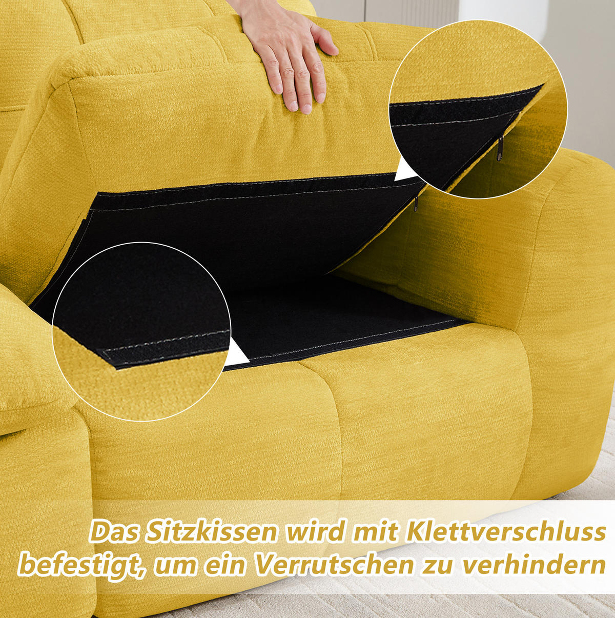 SOFA 264/97/68 cm in Gelb aus Chenille mit modularem Design und hoher Belastbarkeit - Gelb, Textil (97/68/264cm) - Flora Grace